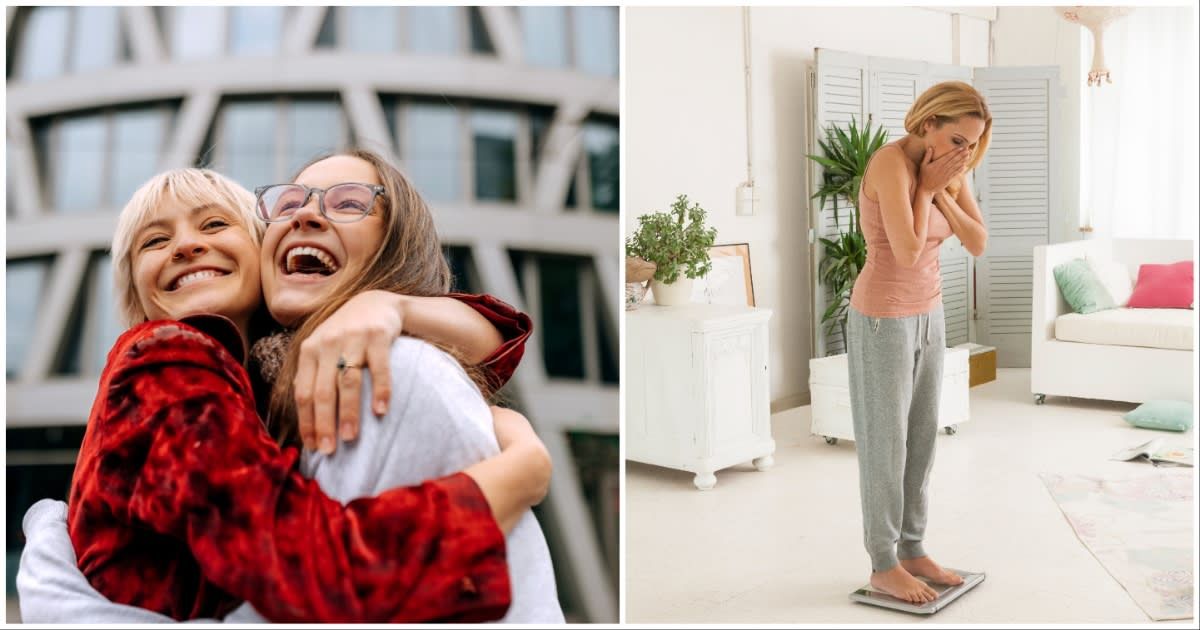 (L ) Two friends embracing each other ; (R) A woman appears shocked, checking her weight on a weighing scale (Representative Cover Source: Getty Images | Photo by (L) Pekic ; (R) RG Images / STOCK4B-RF)