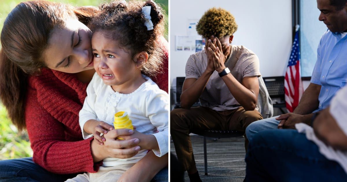 (L) A mother calming her crying child. (R) A man crying. (Representative Cover Image Source: Getty Images | (L) kali9, (R) SDI Productions)