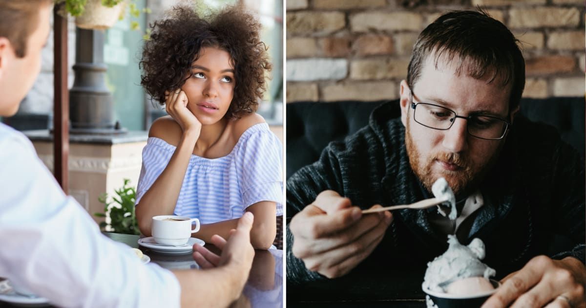 (L) Woman bored at date. (R) Man eating ice cream. (Representative Cover Image Source: (L) Getty Images | Prostock-Studio, (R) Pexels | Lisa from Pexels)