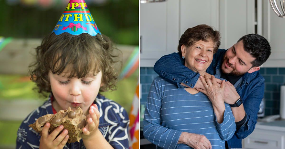 (L) Young boy eating birthday. (R) Man hugging his mother. (Representative Cover Image Source: Getty Images | (L) Connect images, (R) Courtney Hale)