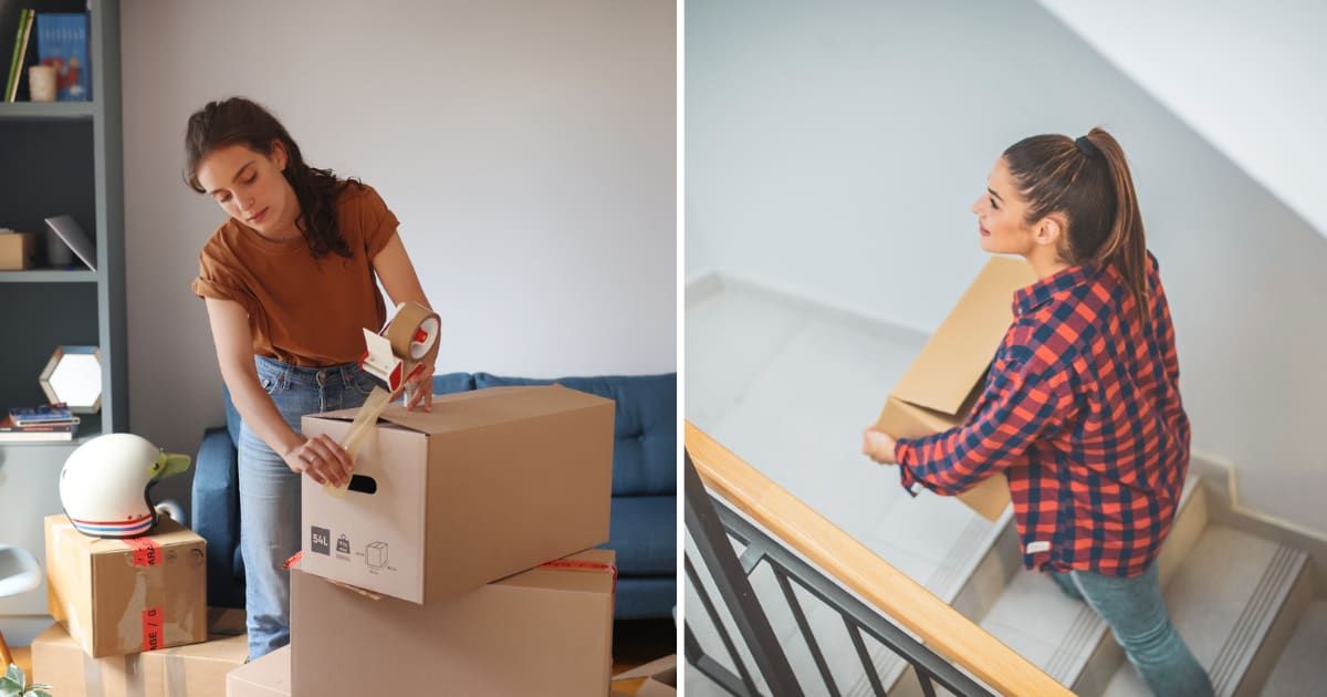 (L) Woman moving out; (R) Woman climbing up the staircase (Cover image source: Getty Images | Photo by (L) Catherine Delahaye; (R) Lajst)