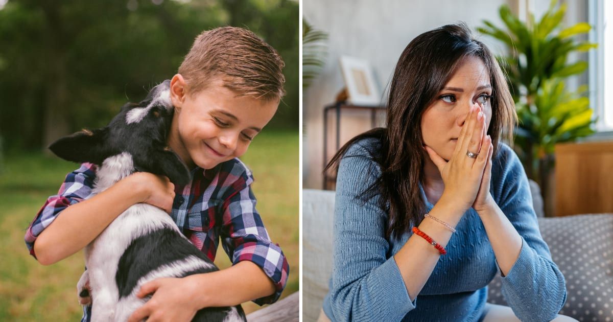 (L) Dog licking young boy. (R) A worried woman. (Representative Cover Image Source: Getty Images | (L) wundervisuals, (R) urbazon)