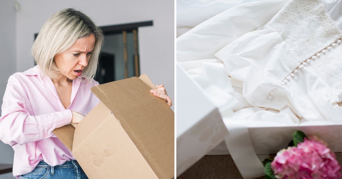 (L) A woman opening a box in shock; (R) A box with a wedding dress. (Cover image source: Getty Images | Photo by (L)TatyanaGl; (R)Tom Merton)