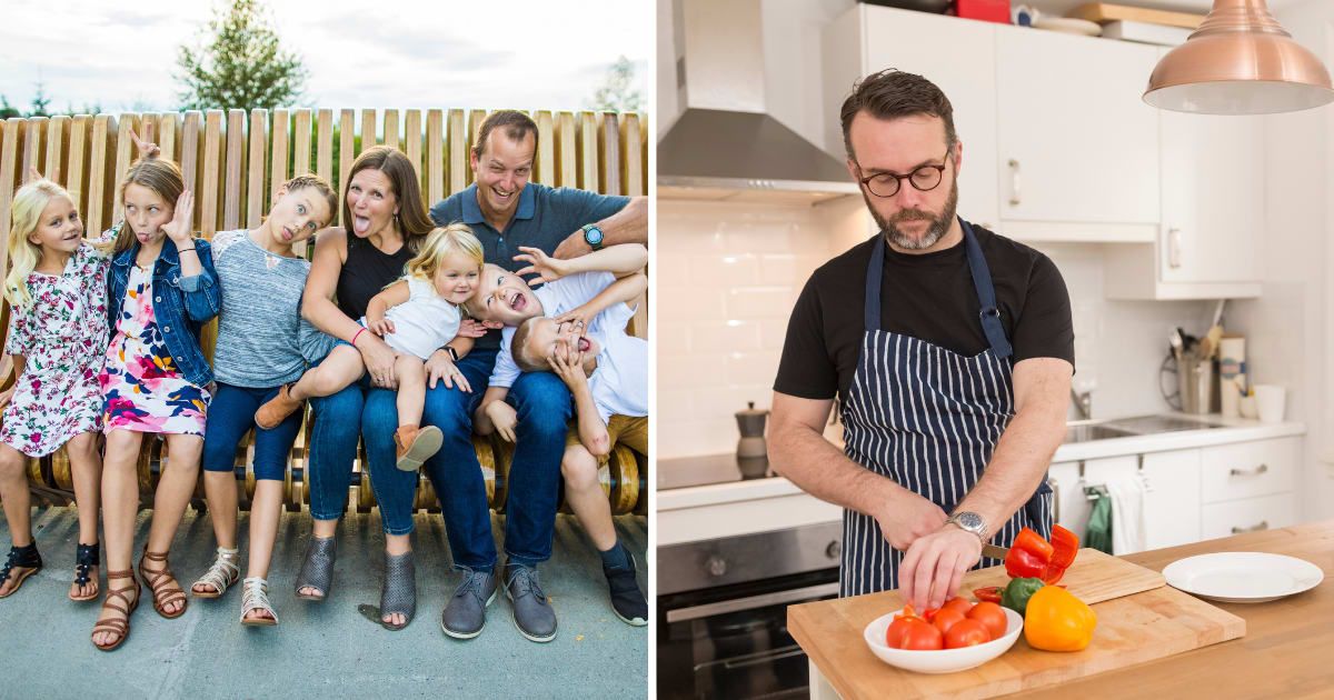 (L) Parents with six kids. (R) Man in kitchen cooking. (Representative Cover Image Source: Getty Images | (L) Cavan images, (R) Westend61)