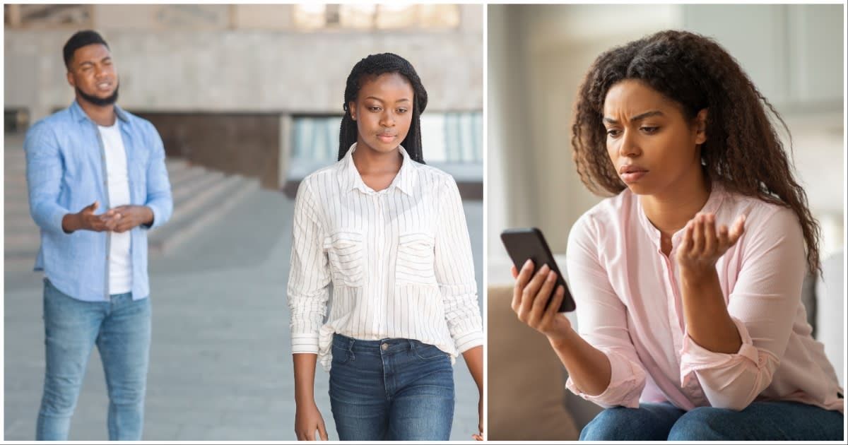 (L) Sad guy looking at his leaving girlfriend; (R) Young Woman Responding to Messages at Home (Representative Cover Source: Getty Images | Photo by (L) Prostock-Studio ; (R) Prostock-Studio)