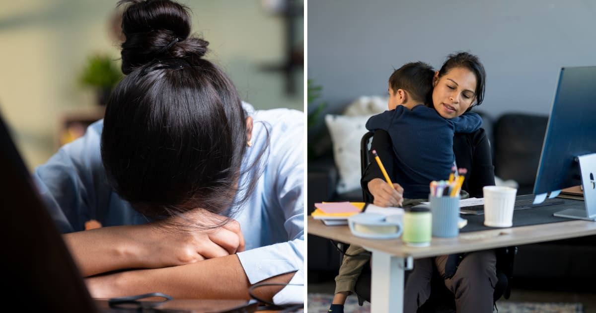 (L) Woman sleeps on call; (R)  Woman managing both her child and office work. (Cover image source: Getty Images | Photo by (L)lakshmiprasad S; (R) FatCamera)