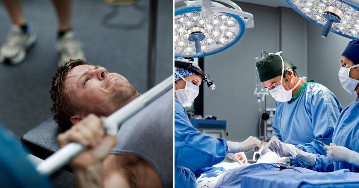 (L) A man doing lifting in gym. (R) An ongoing surgery. (Representative Cover Image Source: Getty Images (L) Solskin, (R) Morsa images)