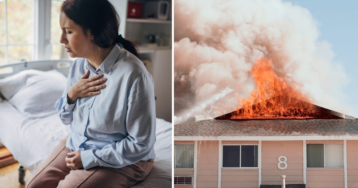 (L) Woman having chest pain. (R) House on fire. (Representative Cover Image Source: Getty Images | (L) South_agency, (R) Erik von weber)