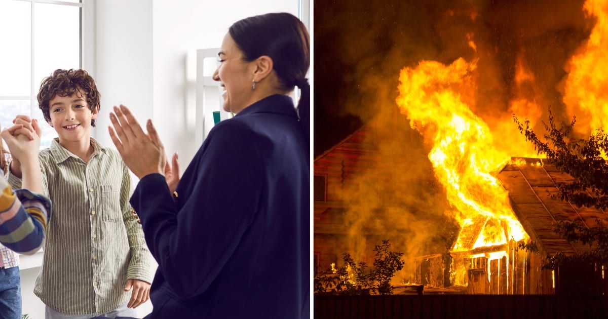 (L) People applauding for a young boy; (R) A house on fire. (Cover image source: Getty Images: Photo by (L) Lacheev; (R) Bilanol)