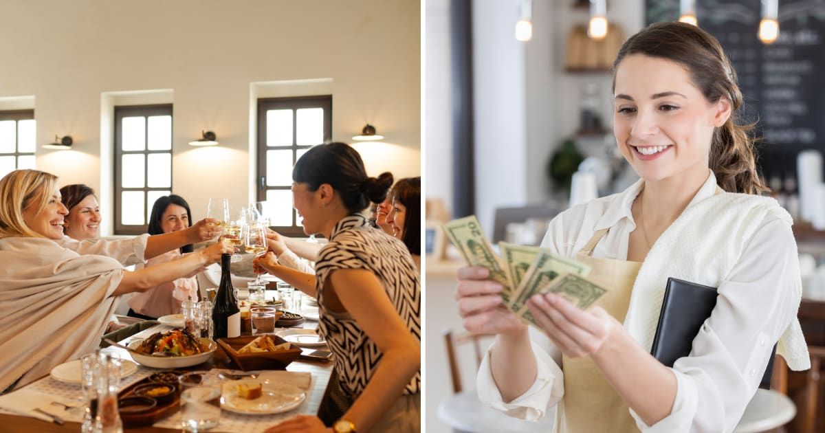 (L) A group friends eating at a restaurant; (R) A happy waitress after receiving generous tip. (Cover Image source: Getty Images |Photo by (L) AleksandarNakic; (R) SDI Productions)