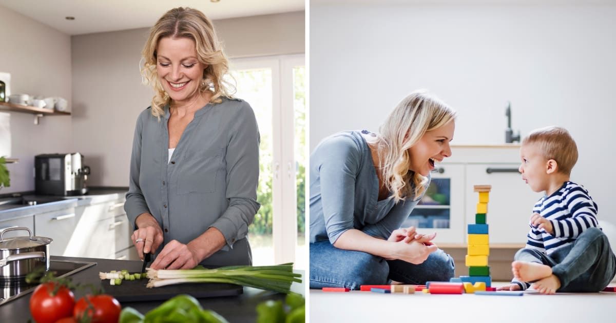 (L) A woman cooking in kitchen. (R) Mom playing with toddler. (Representative Cover Image Source: Getty Images | (L) Westend61, (R) Westend61)