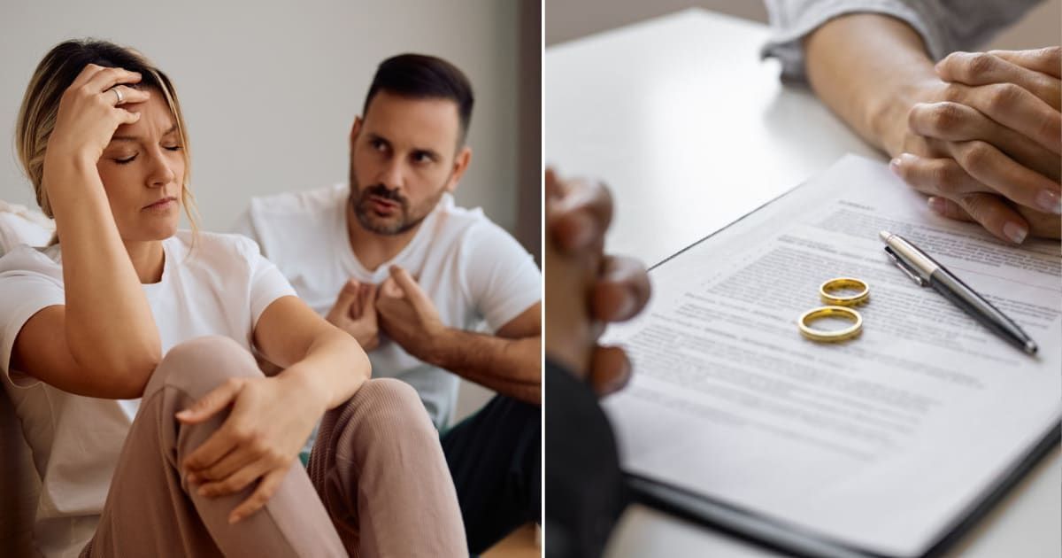 (L)A couple having an argument; (R) Divorce agreement and wedding rings. (Cover Image source Getty Images  Photo by (L) Drazen Zigic; (R) bymuratdeniz)