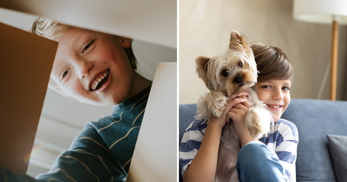 (L) A young boy happily opening a box; (R) A young boy playing with a puppy (Cover image source: Getty Images | Photo by (L) Catherine Falls Commercial; (R) Jokic)