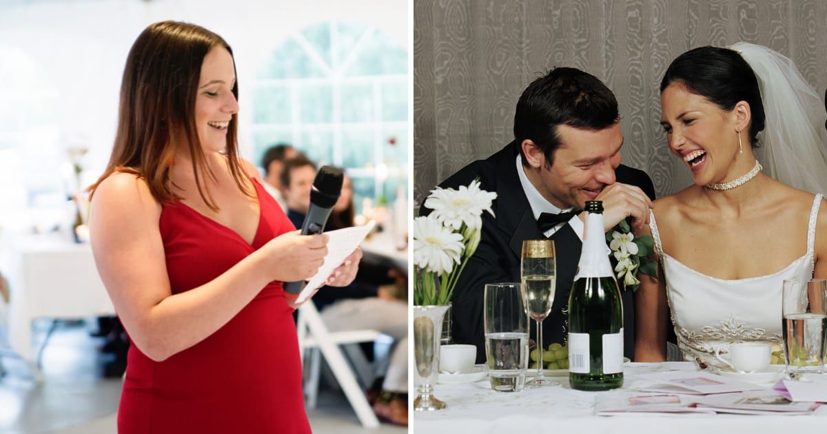 (L) Woman giving speech at wedding. (R) Bride and groom laughing. (Representative Cover Image Source: Getty Images (L) martinedoucet, (R) Mel yates)
