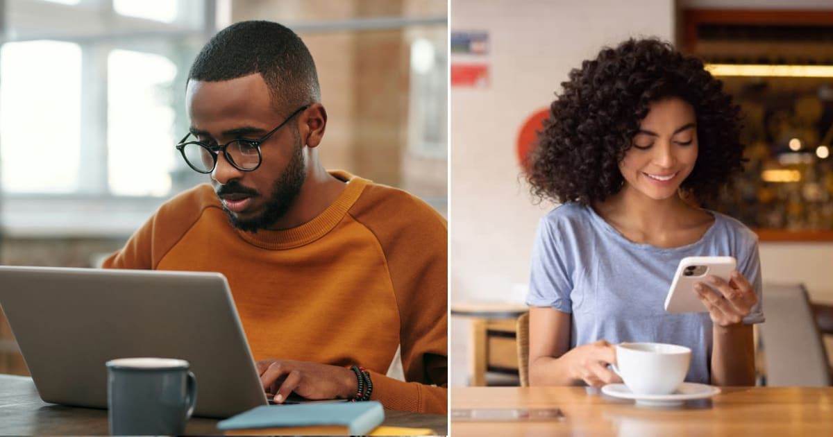 (L) Man working on laptop; (R) A woman texting someone (Representative Cover Source: (L) Pexels | Diva Plavalaguna; (R) Getty Images | Hispanolistic)