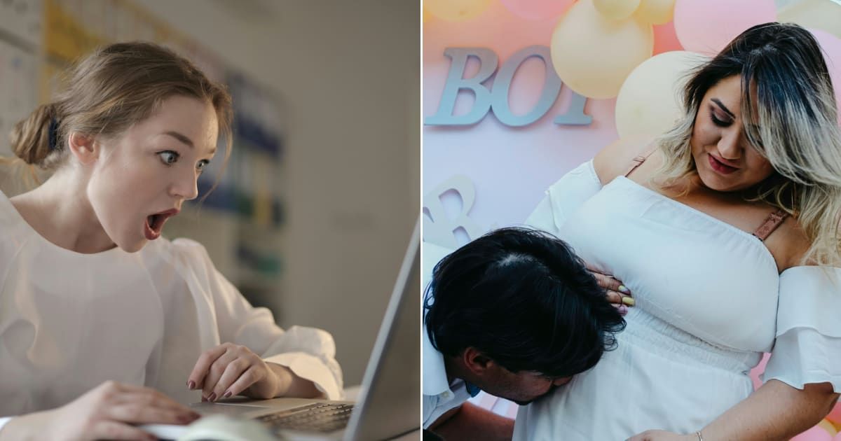 (L) A shocked woman looking at her laptop screen; (R) A baby shower (Cover Image source: Pexels |  Photo by (L) Andrea Piacquadio; (R) Pedro Lima Bezerra)