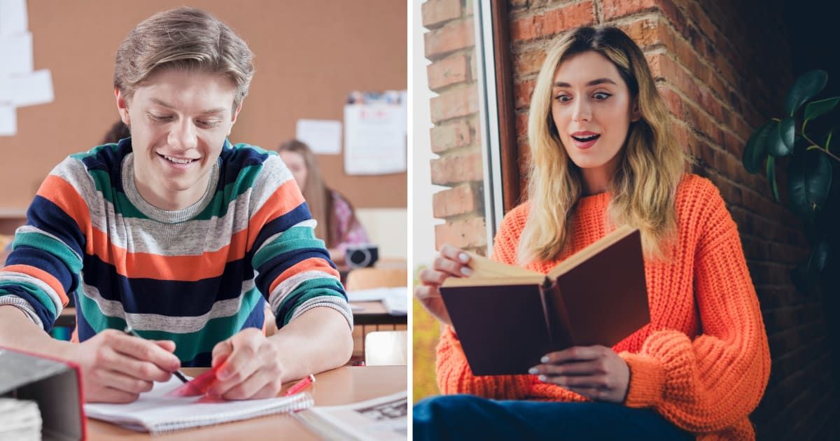(L) A high school student writing a note. (R) A woman shocked after reading something. (Representative Cover Image Source: Getty Images | (L) Cavan images, (R) Deagreez)