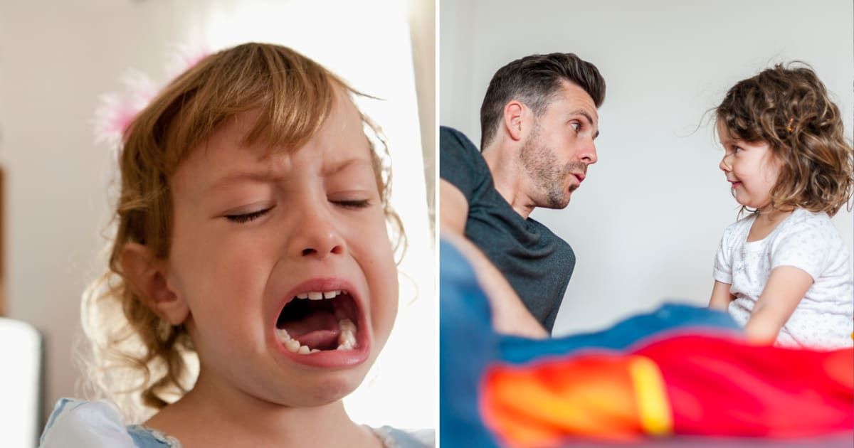 (L) A toddler having a meltdown; (R) A dad talking to his daughter (Cover Image source Getty | Photo by (L)Robyn Breen Shinn; (R) Image taken by Westend61)