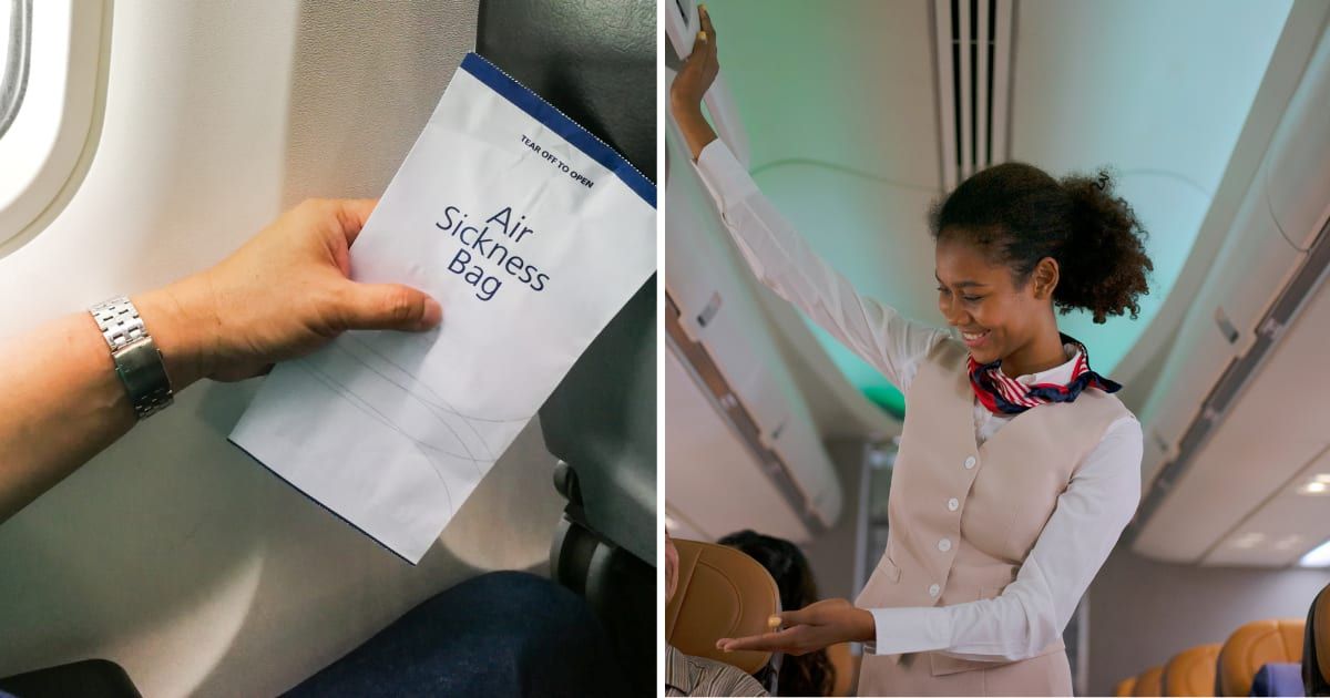 (L) A person holding vomit bag on flight. (R) A flight attendant talking to passenger. (Representative Cover Image Source: Getty Images | (L) ThamKC, (R) eyesfoto)