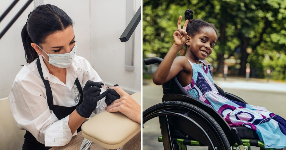 (L) A nail technician working in salon. (R) Young black girl in wheelchair. (Representative Cover Image Source: Getty Images | (L) Olena Polkovnykova, (R) Westend61)