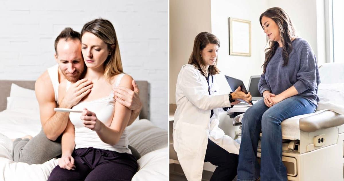 (L ) A couple looking sad reading a negative pregnancy test kit result ; (R) A woman with doctor (Representative Cover Source:  Getty Images | Photo by (L) LSOphoto ; (R) MoMo Productions)