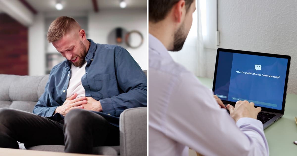 (L) Man having stomachache. (R) Man chatting with AI. (Representative Cover Image Source: Getty Images | (L) Andrey Popov, (R) David Espejo)