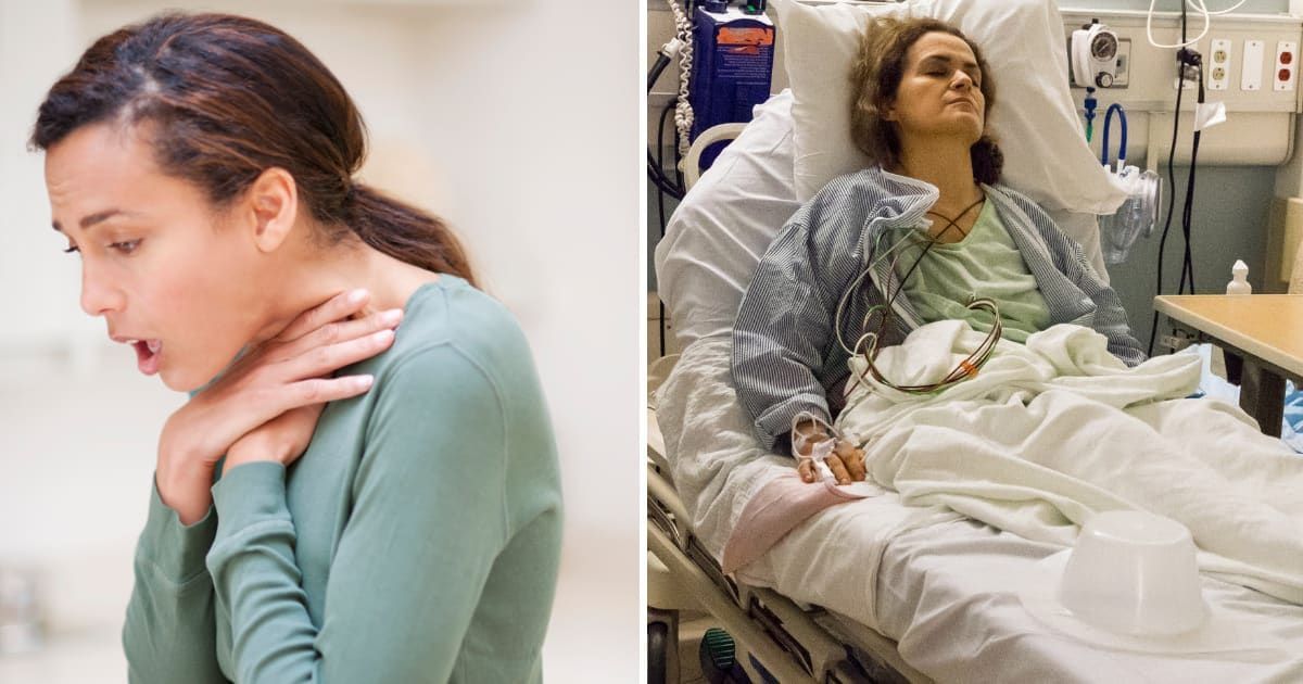 (L) A woman choking. (R) A woman in hospital. (Representative Cover Image Source: Getty Images | (L) Science Photo Library, (R) Juanmonino)