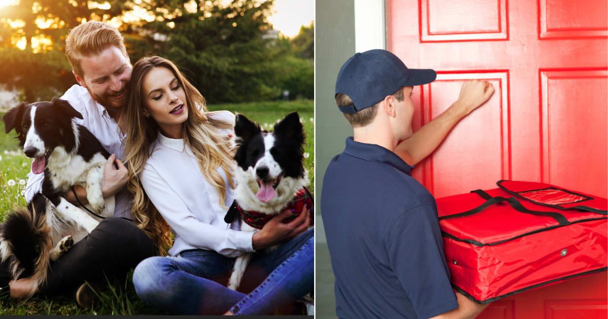 (L ) Couple with two dogs ; (R) Food delivery guy at the door (Representative Cover Source: Getty Images | Photo by (L) nd3000 ; (R) YinYang)
