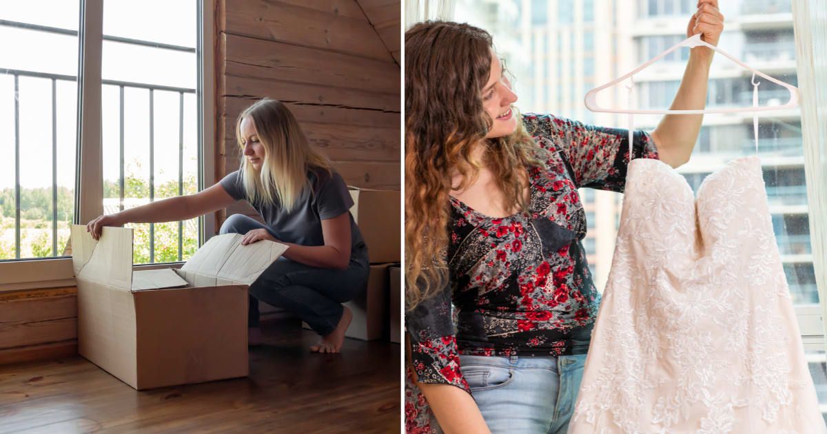 (L) A woman checking box in attic. (R) A woman looking at a wedding dress. (Representative Cover Image Source: Getty Images | (L)Yurtyeva ata, (R) ablokhin)