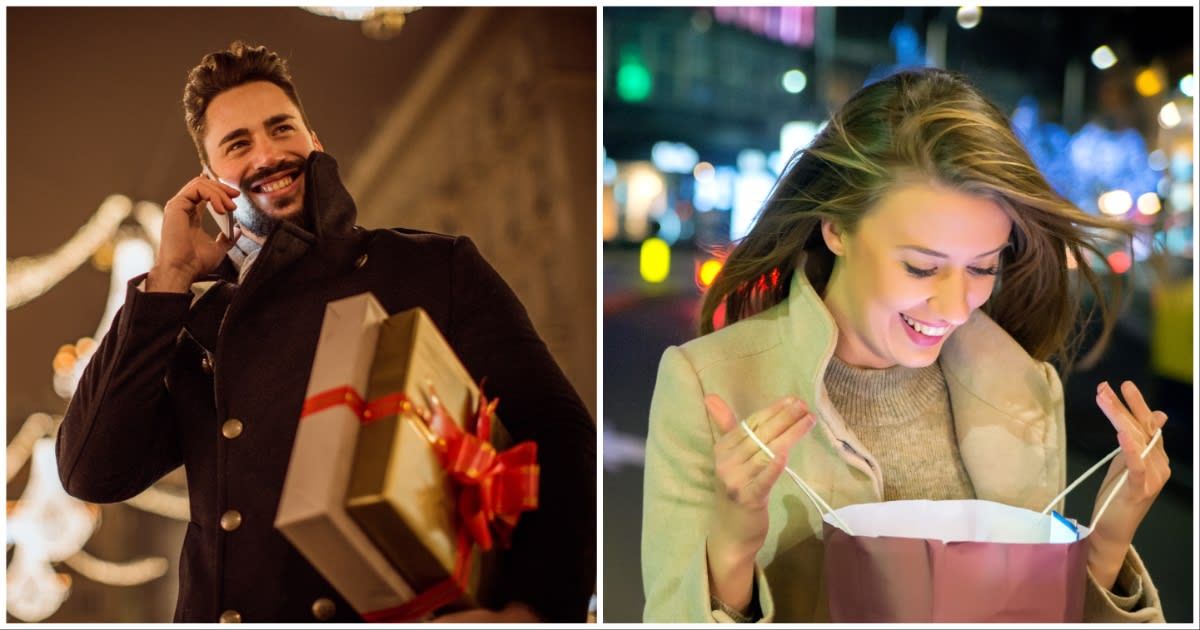 (L ) A man holding gifts while speaking to someone over call ; (R) A woman smiles as she opens a gift (Representative Cover Source: Getty Images | Photo by (L) svetikd ; (R) ljubaphoto)