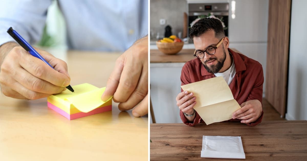 (L) A person writing on sticky note. (R) Man reading letter. (Representative Cover Image Source: Getty Images | (L) Gabrijelagal, (R) Mirjana Pusicic)