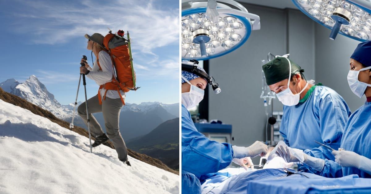 (L) A female mountaineer. (R) Doctors in emergency room. (Representative Cover Image Source: Getty Images | (L) Ascent, (R) Morsa images)