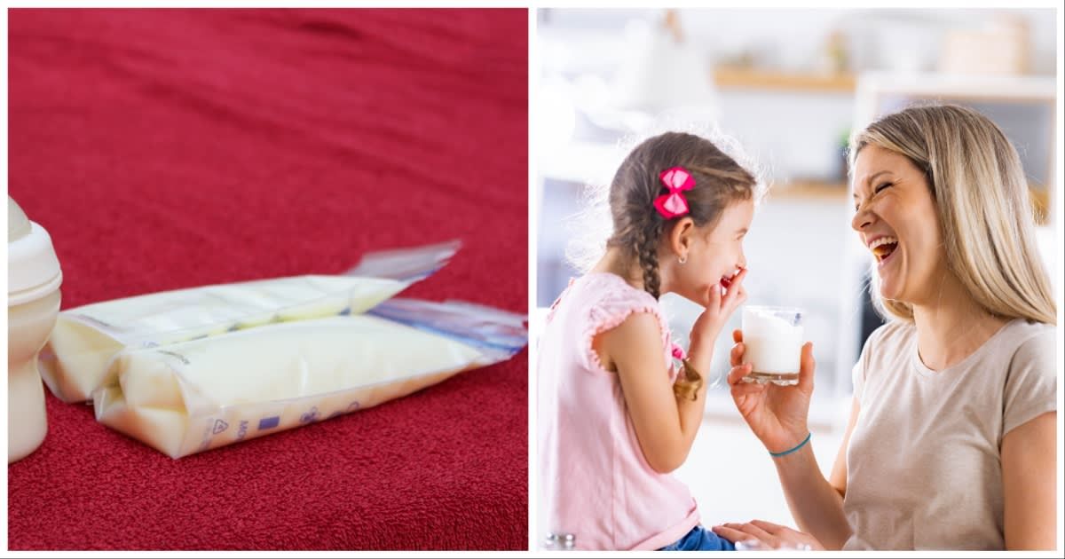 (L ) A bag of breast milk ; (R) A mother and her daughter laughing while holding a glass of milk (Representative Cover Image Source: Getty Images | Photo by (L) NegMarDesign ; (R) skynesher)