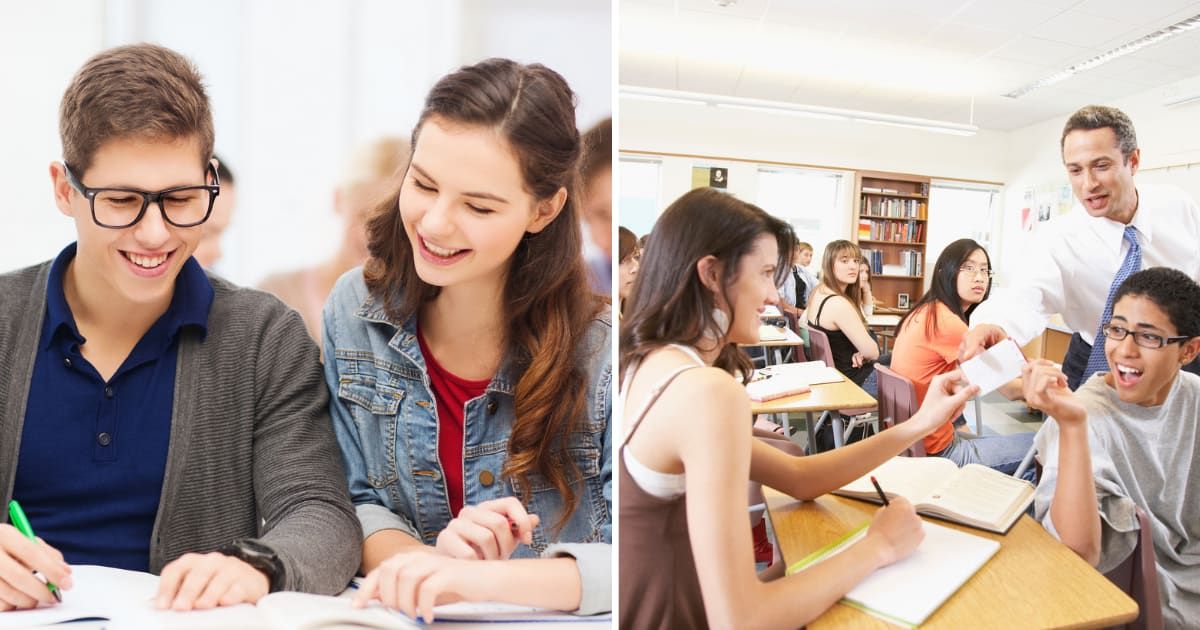 (L) Highschool students studying in class; (R) Teacher catches students passing notes (Cover image source: Getty | Photo by (L) dolgachov; (R) Shalom Ormsby Images Inc)