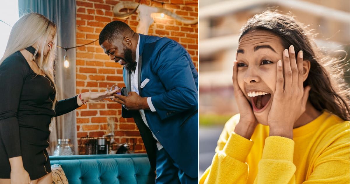 (L) A man proposes to his girlfriend; (R) Surprised woman (Representative Cover image source: (L) Pexels | RDNE Stock project; (R) Getty | AaronAmat)