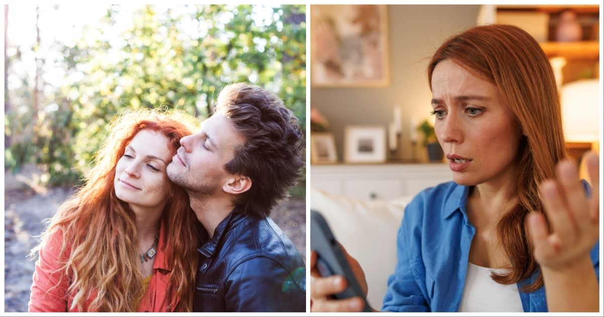 (L ) A man embracing a woman with red hair ; (R) A woman looks shocked reading something on the phone (Representative Cover Source: Getty Images | Photo by (L) Switlana Symonenko ; (R) RealPeopleGroup)
