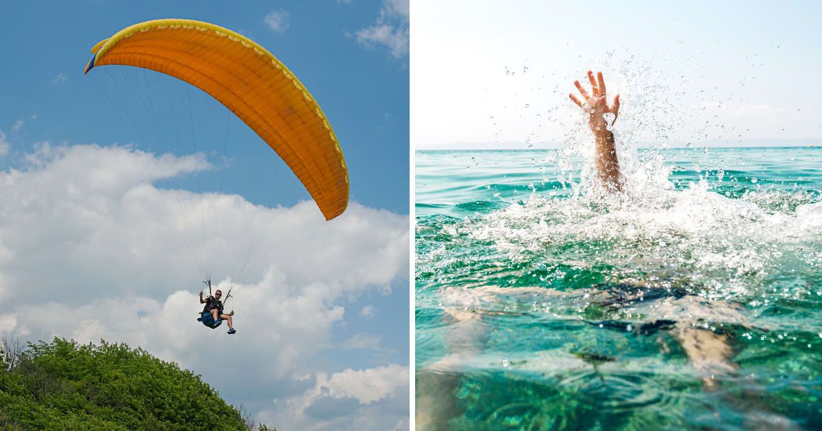 (L) A paraglider. (R) A man drowning. (Representative Cover Image Source: Getty Images | (L) beronb, (R) urbazon)