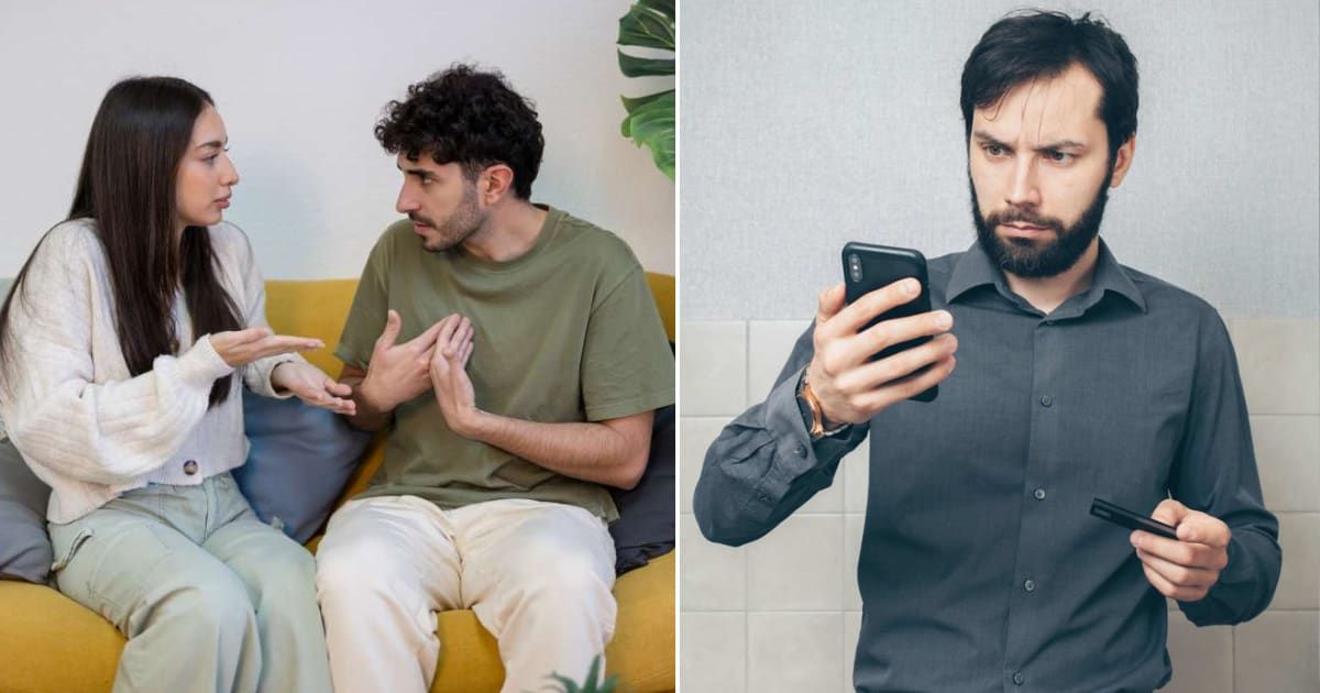 (L) Couple arguing; (R) Man looks at his phone in frustration(Cover image source: (L) Getty | Manu Vega; (R) Pexels | Mikhail Nilov)