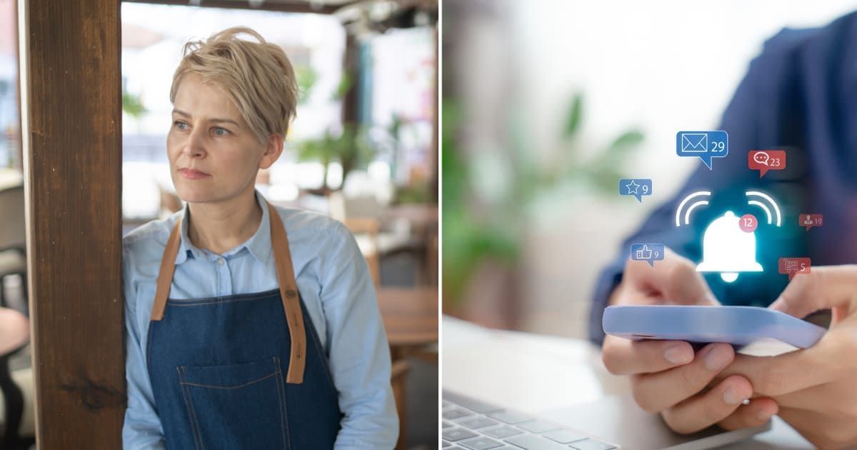 (L) A small business owner without customers; (R) Phone buzzing with notifications (Representative Cover Image source: Getty | Phot by (L) Vladimir Vladimirov; (R) Userba011d64_201)