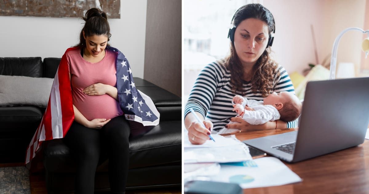 (L) A happy pregnant woman with American flag. (R) A sad mother working with newborn. (Representative Cover Image Source: Getty Images | (L) Eleganza, (R) Artist GND Photography)