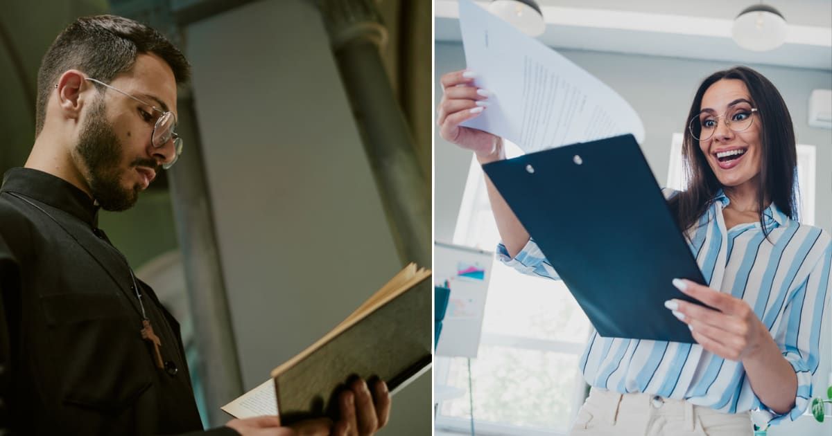 (L) A pastor; (R) A surprised woman reading papers (Representative Cover image source: Getty Images | Photo by (L) AnnaStills; (R) Deagreez)