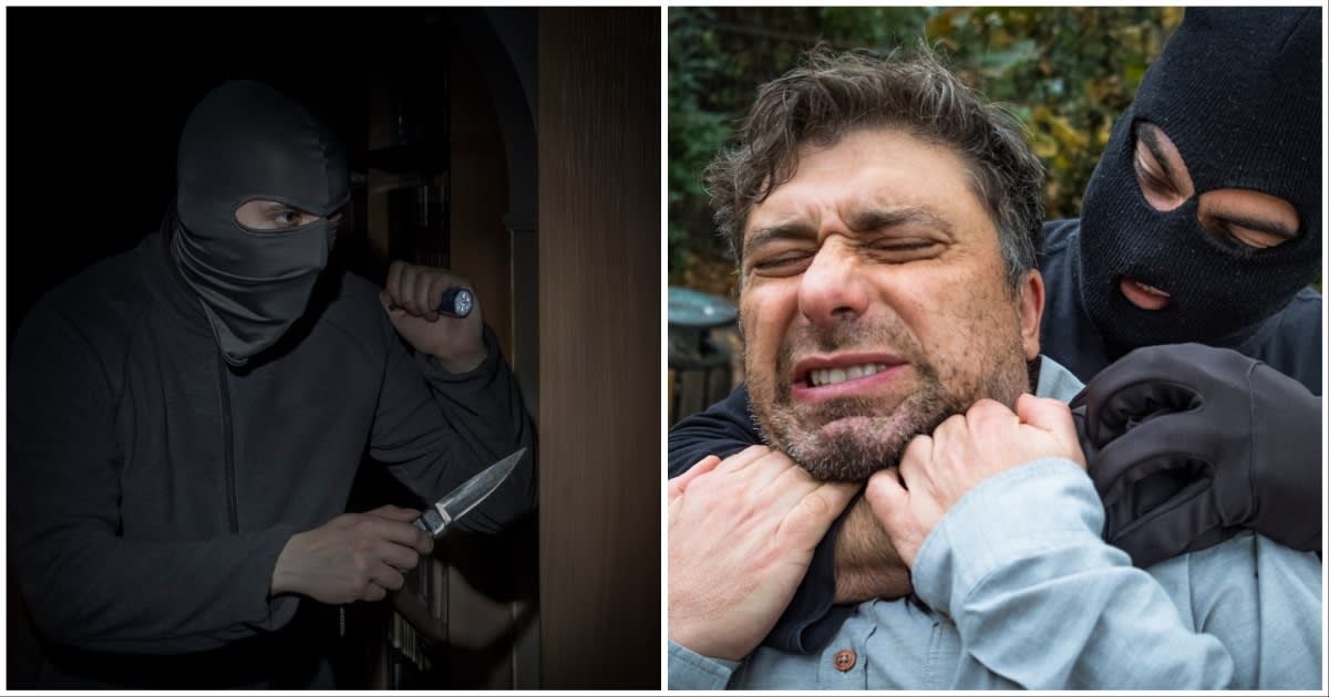 (L ) A robber with a knife barging inside a home ; (R) A man fighting back a robber (Representative Cover Source: Getty Images | Photo by (L) Alexey_Arz ; (R) Cineberg)