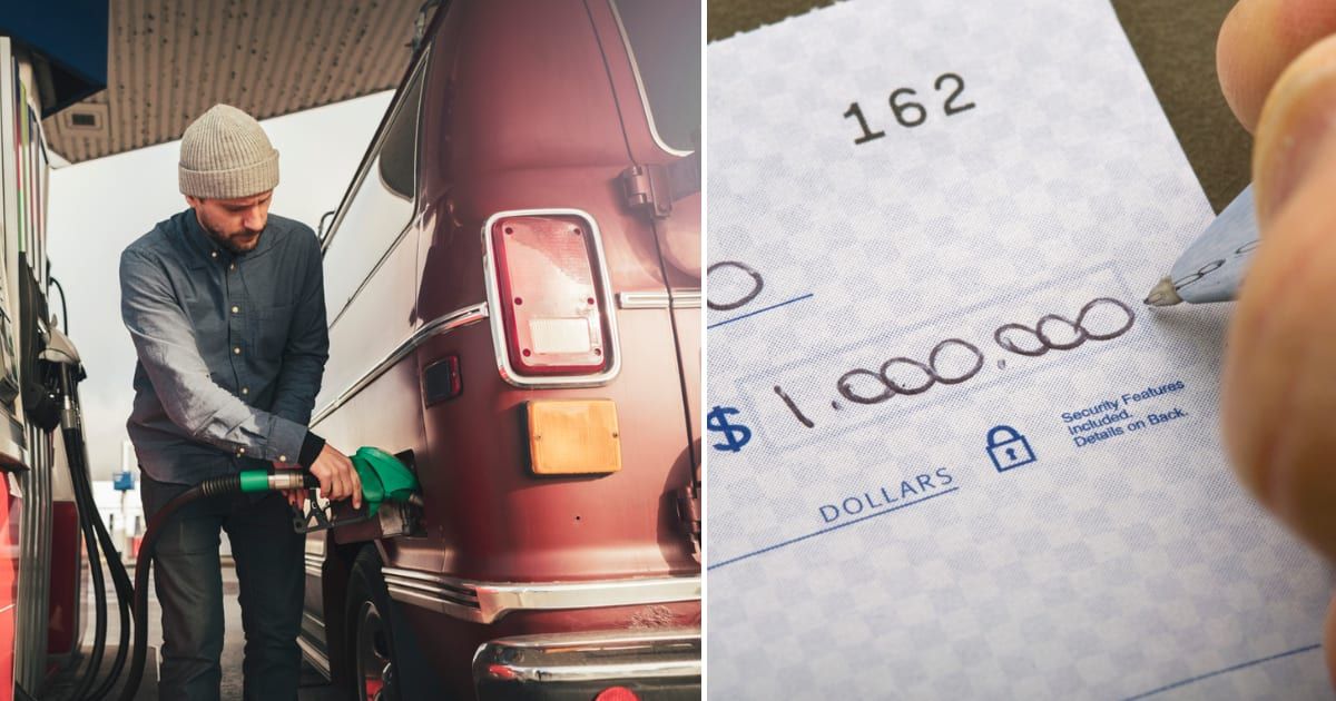(L) Man at gas staition; (R) Million dollar check (Representative cover image source: Getty | Photo by (L) Kentaroo Tryman; (R) cristianl)