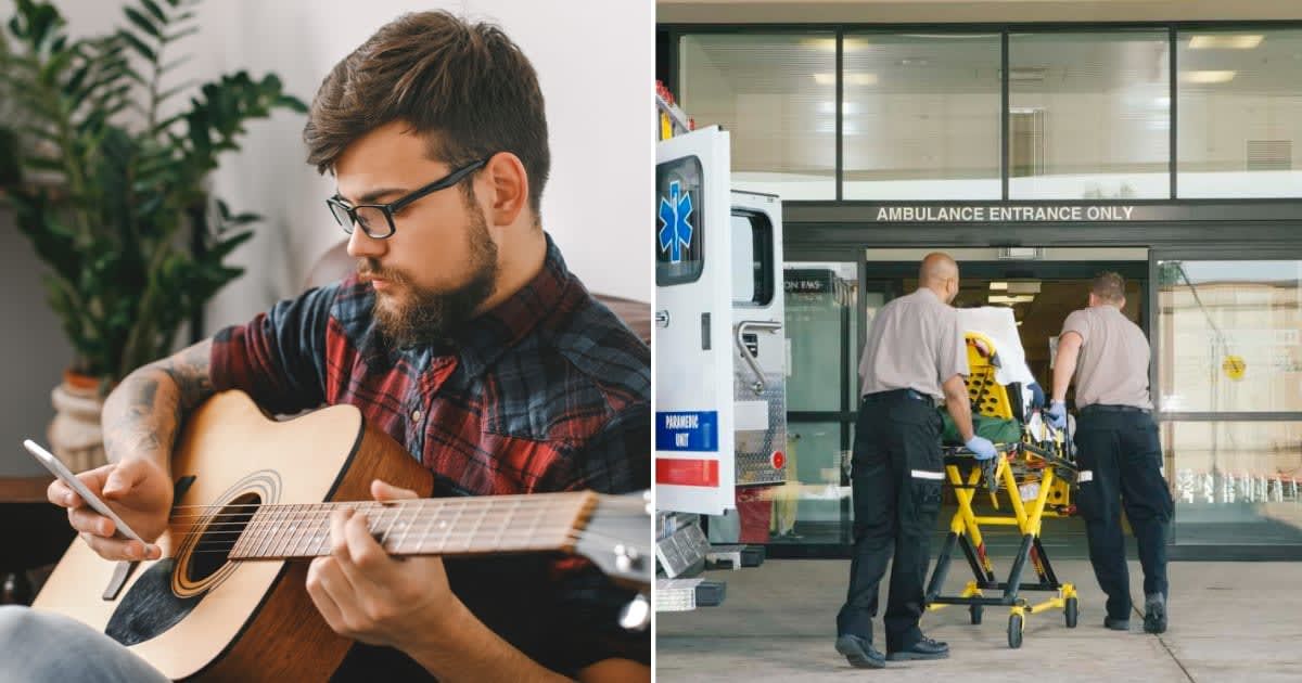 (L) A musician checking his phone and looks surprised ; (R) Medical personnel wheeling patient to hospital (Representative Cover Source: Getty Images | Photo by (L) Viktoriia Hnatiuk ; (R) Paul Burns)