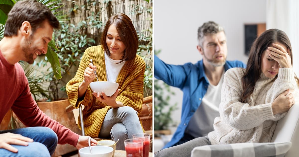 (L) Couple having breakfast; (R) Couples' arguing (Representative cover image source: Getty | Photo by (L) Morsa Images; (R) SimpleImages)