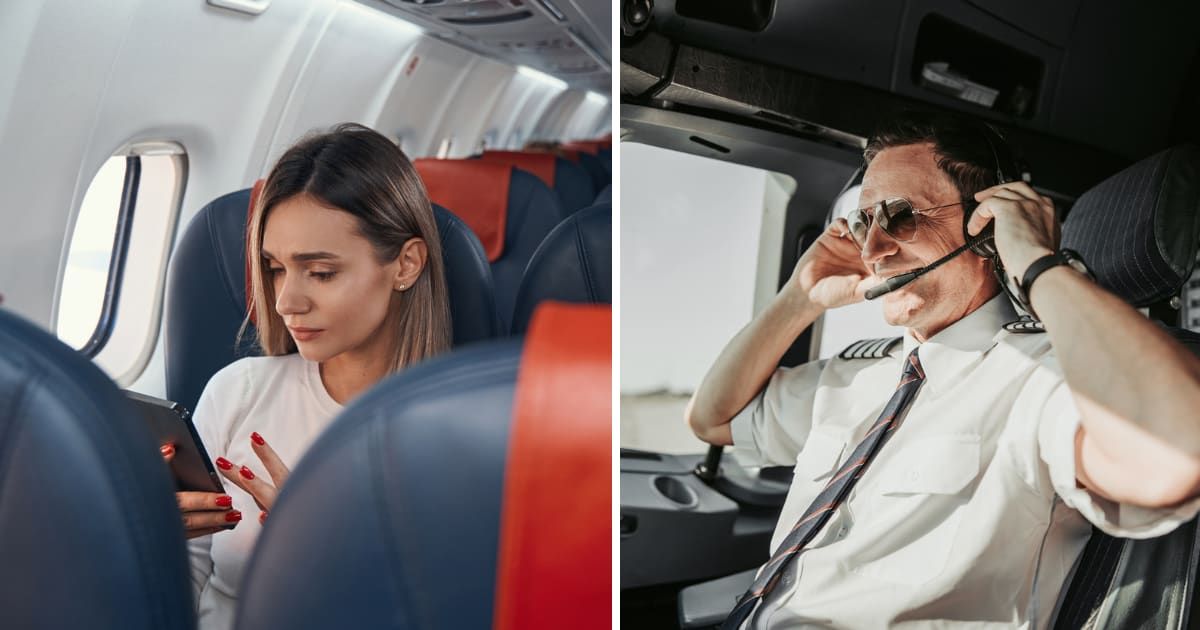 (L) A woman sitting on a plane; (R) A pilot speaking (Representative cover image source: Getty | Photo by (L) yacobchuk; (R) YakobchukOlena)