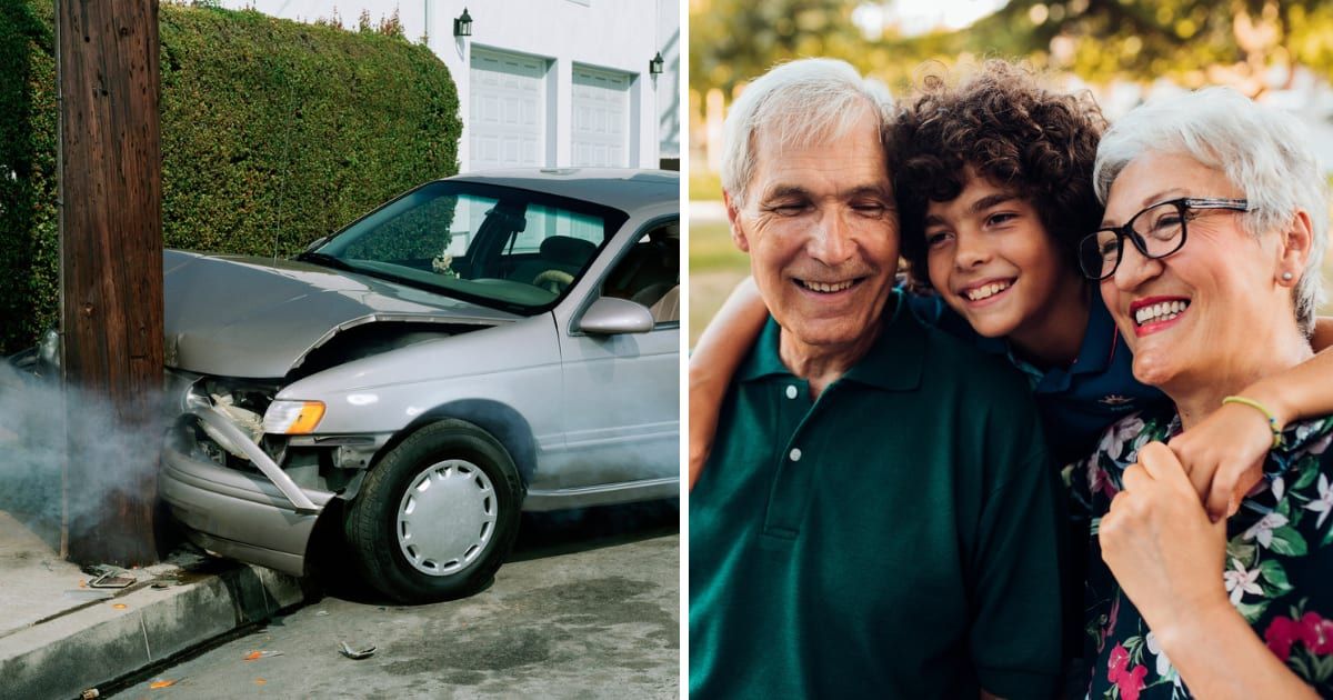 (L) A car met with accident; (R) Teenager hugging old couple (Representative cover image source: Getty | Photo by (L) Erik Von Weber; (R) RgStudio)