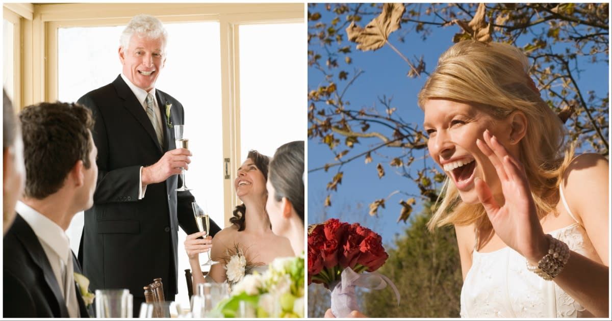 (L ) A father giving a speech on his daughter's wedding ; (R) A surprised looking bride  (Representative Cover Source: Getty Images | Photo by (L) Siri Stafford ; (R) Simon Potter)