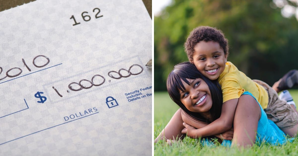 (L) A million-dollar check; (R) A mother and son in a park (Representative cover image source: Getty | Photo by (L) cristianl; (R) FatCamera)