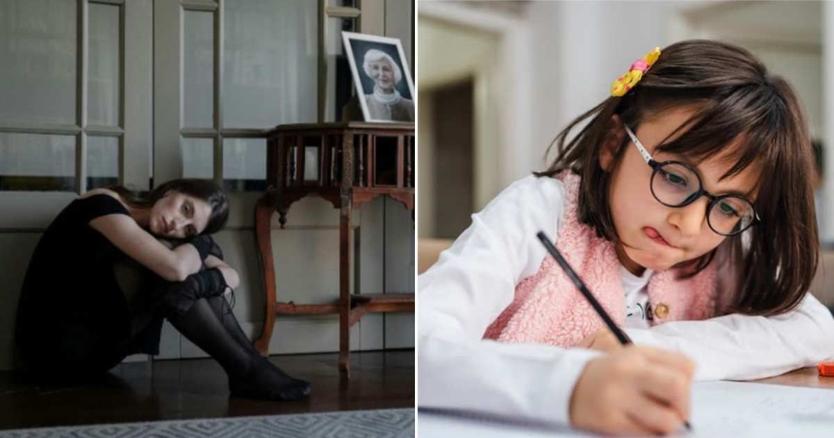 (L ) A woman grieving the death of her mother; (R) A little girl penning a letter (Representative Cover Source: (L) Pexels | cottonbro studios; (R) Getty | Phynart Studio)